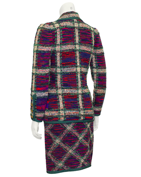 Green, Purple & Red Plaid Knit Skirt Suit
