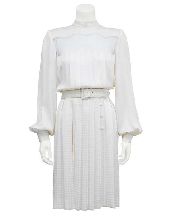 White Silk Jacquard and Lace Dress