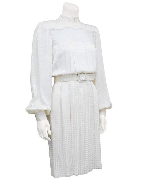 White Silk Jacquard and Lace Dress