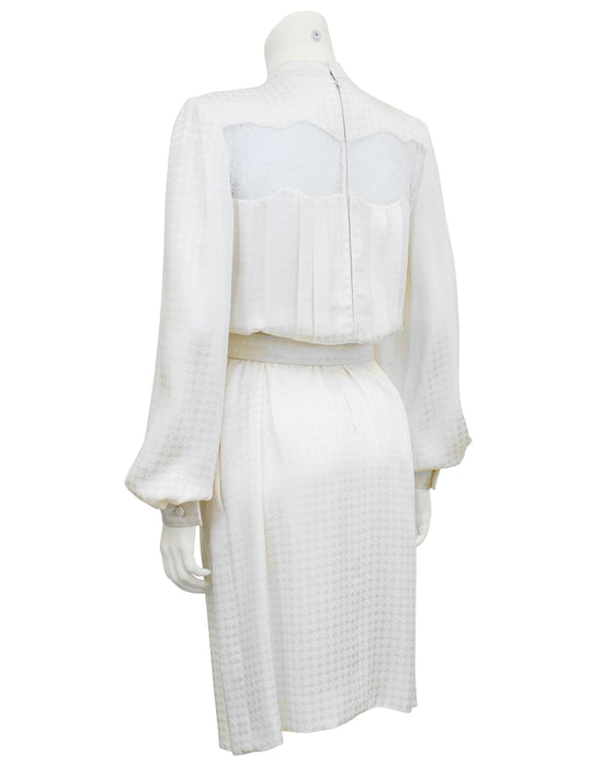 White Silk Jacquard and Lace Dress