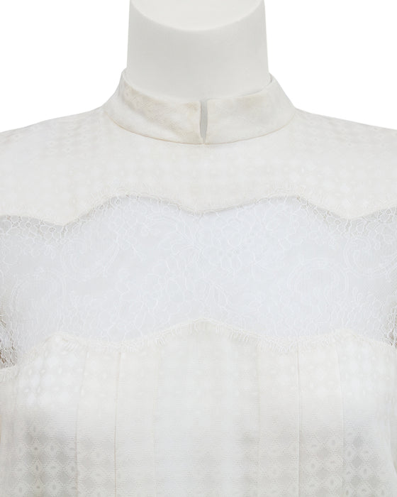 White Silk Jacquard and Lace Dress