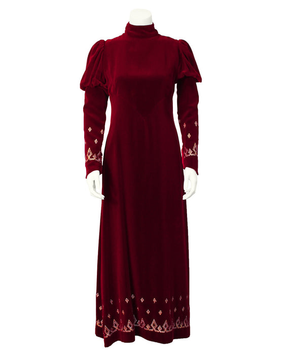 Red Velvet Gown with Gold & Silver Details