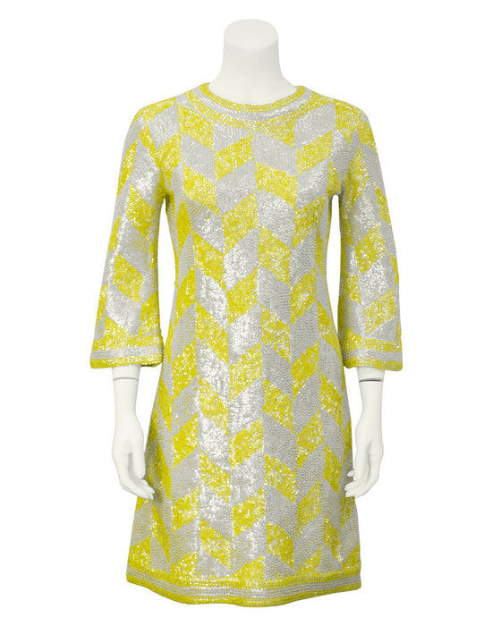 Yellow & White Chevron Beaded & Sequin Cocktail Dress