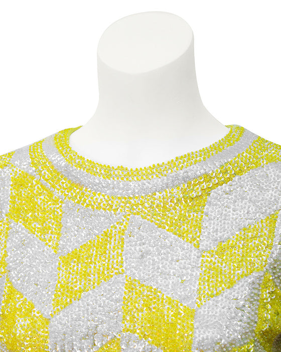 Yellow & White Chevron Beaded & Sequin Cocktail Dress