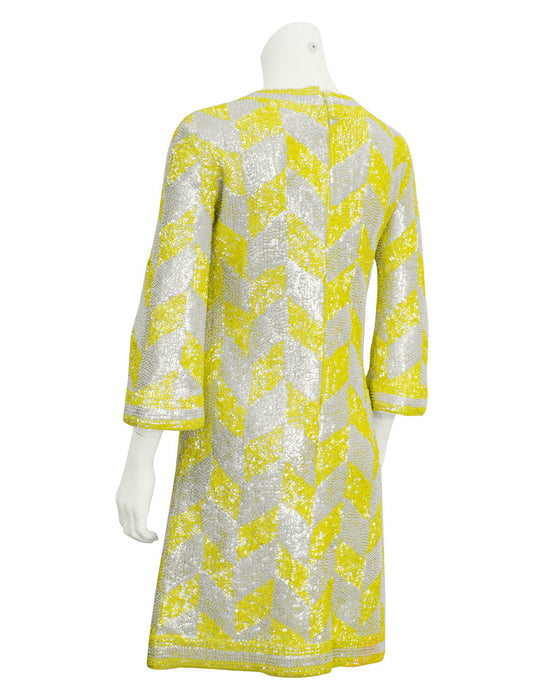 Yellow & White Chevron Beaded & Sequin Cocktail Dress