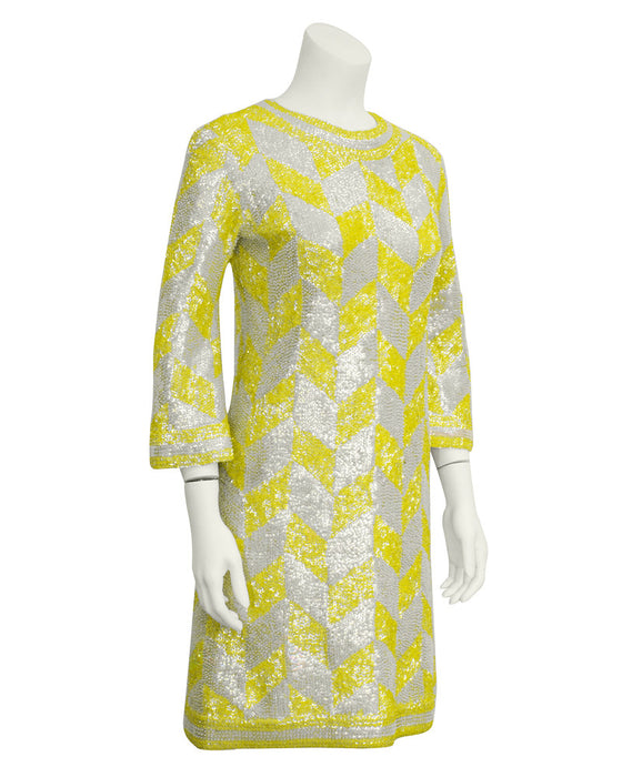 Yellow & White Chevron Beaded & Sequin Cocktail Dress