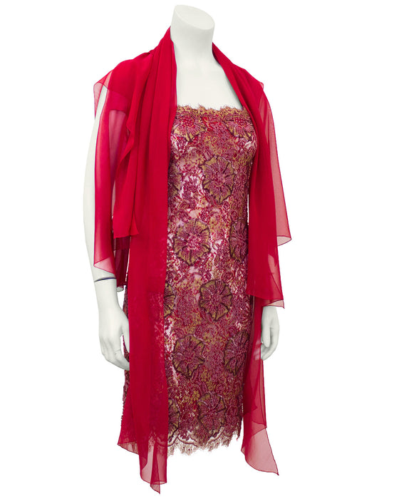 Red Demi Couture Sheer Beaded Lace Mini Cocktail Dress with Chiffon Wrap