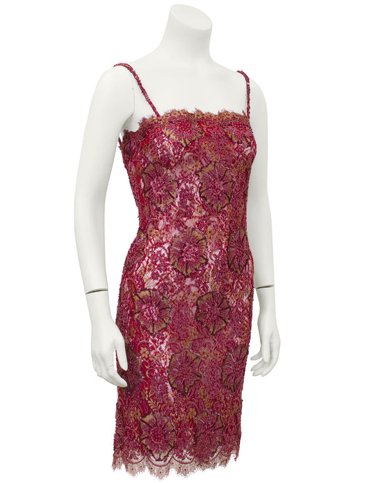 Red Demi Couture Sheer Beaded Lace Mini Cocktail Dress with Chiffon Wrap