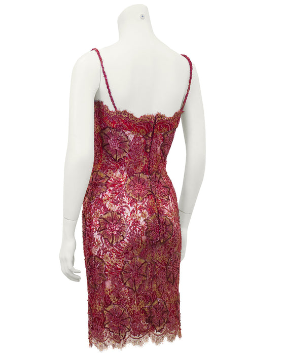 Red Demi Couture Sheer Beaded Lace Mini Cocktail Dress with Chiffon Wrap
