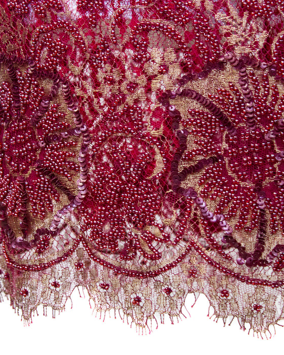 Red Demi Couture Sheer Beaded Lace Mini Cocktail Dress with Chiffon Wrap