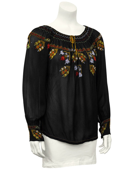 Black Hand Embroidered Smock Top