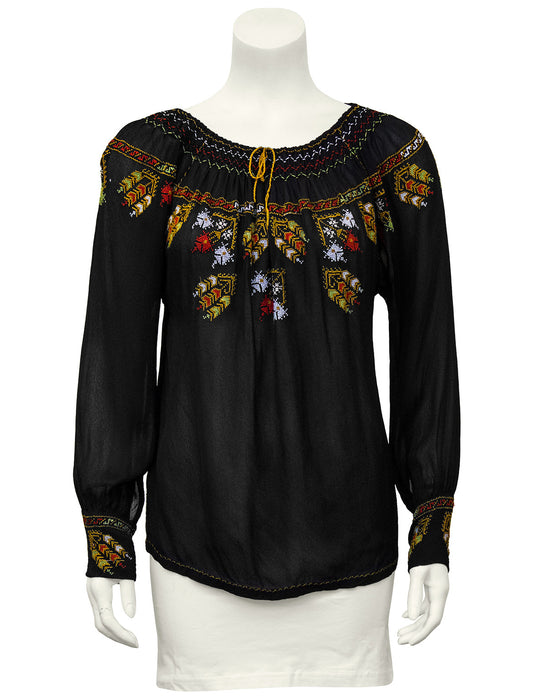 Black Hand Embroidered Smock Top