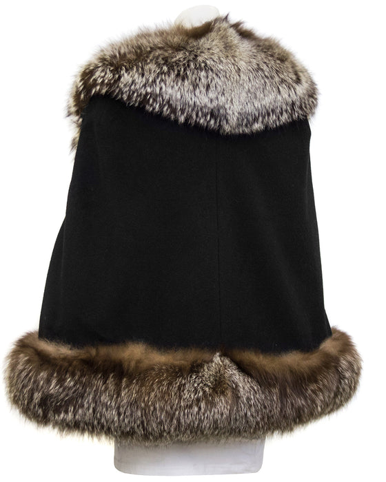 Black Wool Cape with Fox Trim