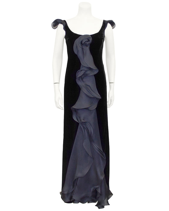 Black Velvet Gown with Cascading Layered Chiffon