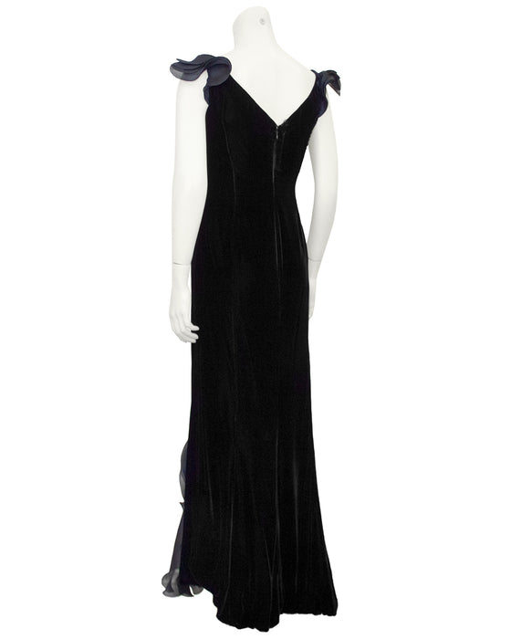 Black Velvet Gown with Cascading Layered Chiffon