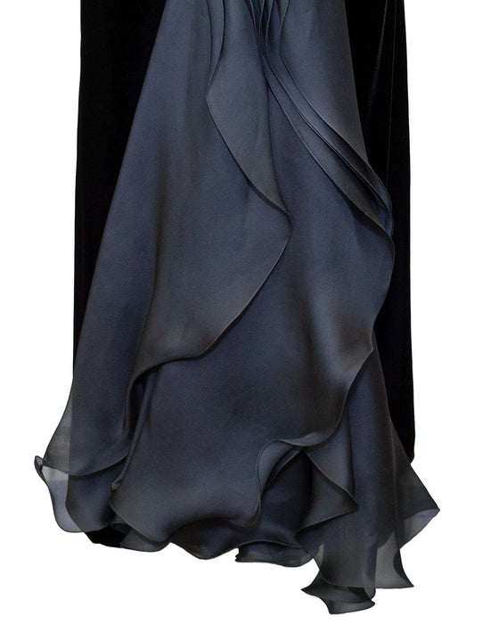 Black Velvet Gown with Cascading Layered Chiffon