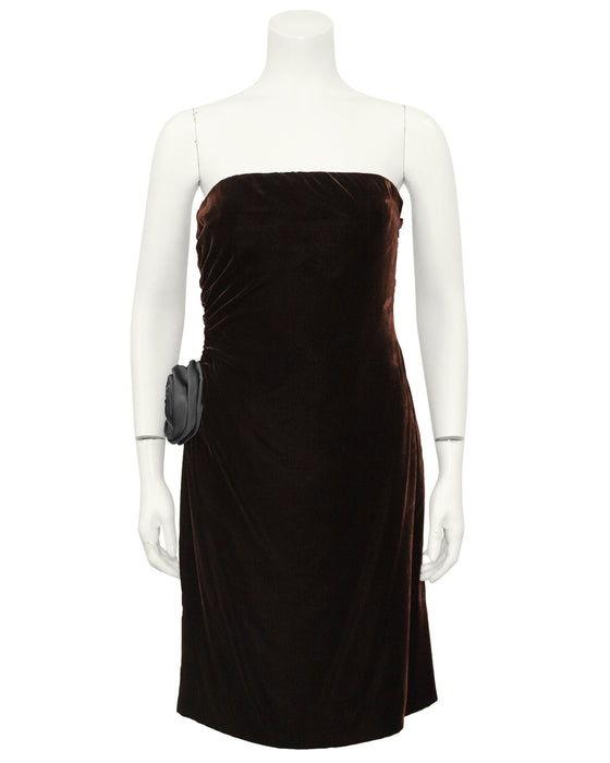 Brown Velvet Cocktail Dress with Rosette