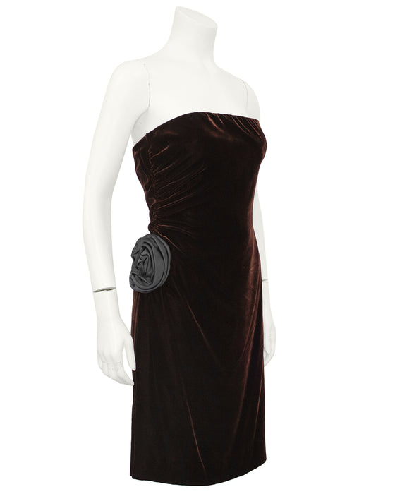 Brown Velvet Cocktail Dress with Rosette