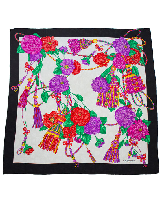 Floral and Tassel Pattern Silk Jacquard Scarf