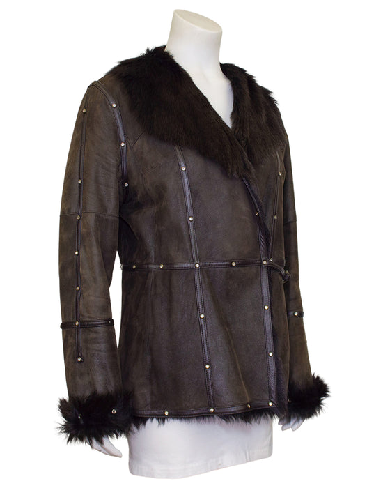 Brown Leather and Fur Coat with Rhinestones
