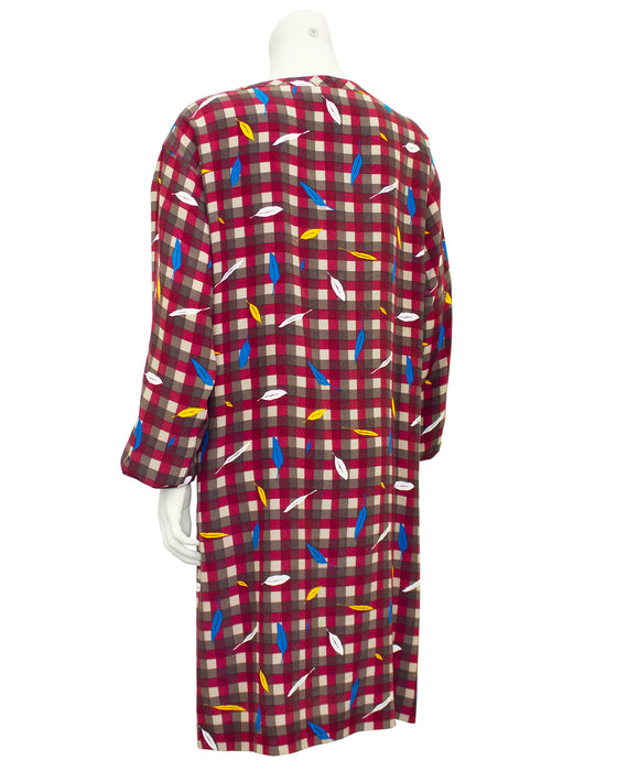 Maroon Check and Feather Print Silk Dress
