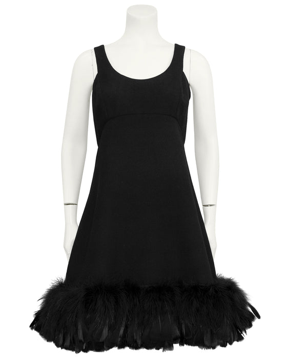 Black Wool Cocktail Dress with Feather Trim