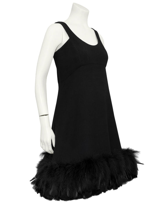 Black Wool Cocktail Dress with Feather Trim