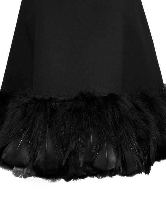 Black Wool Cocktail Dress with Feather Trim