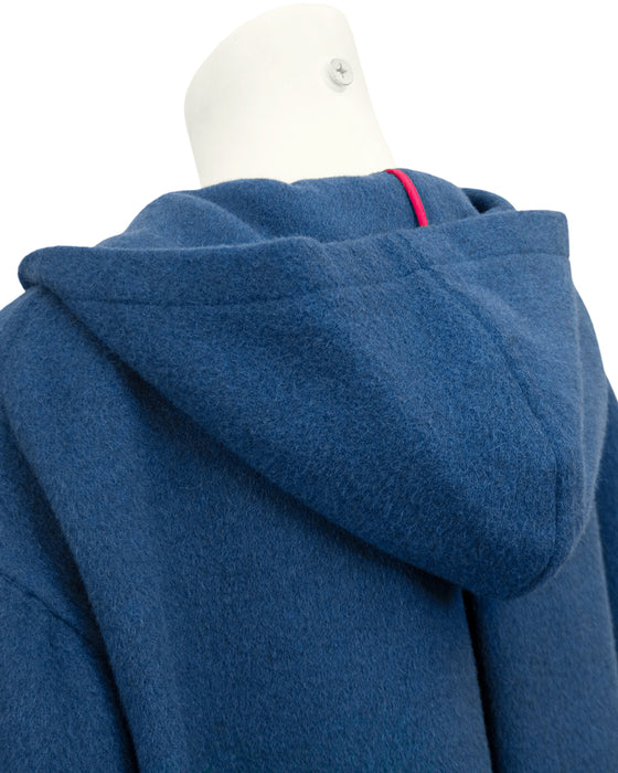 Blue, Rose Trimmed Wool Coat with Hood