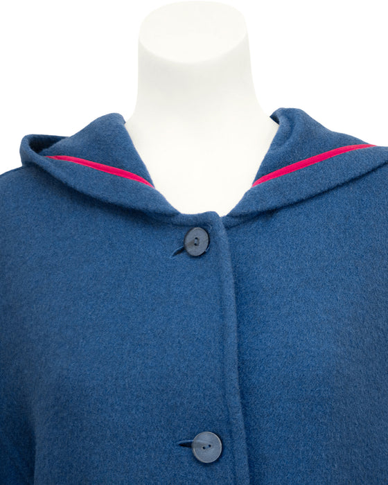 Blue, Rose Trimmed Wool Coat with Hood