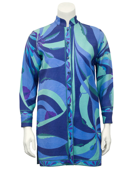 Blue Silk and Wool Printed 3/4 Length Jacket