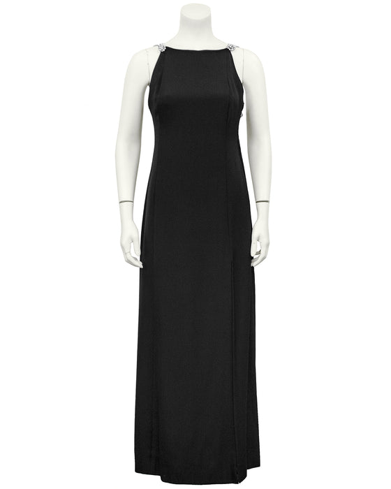 Black Silk Gown with Rhinestone Straps and Details
