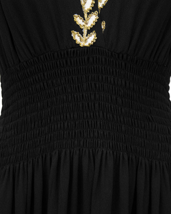 Black Moss Crepe and Gold Thread Evening Dress
