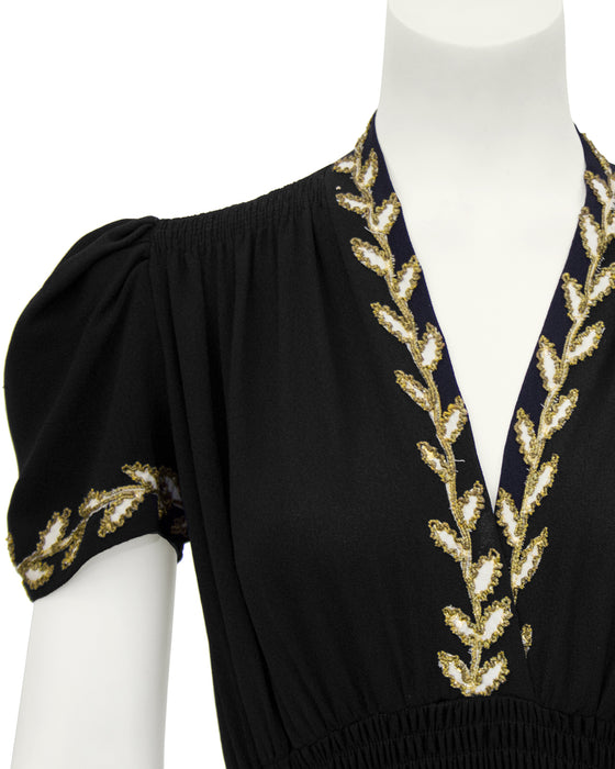 Black Moss Crepe and Gold Thread Evening Dress
