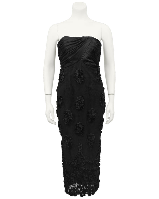 Black Strapless Cocktail Dress with Lace and Floral Applique Skirt