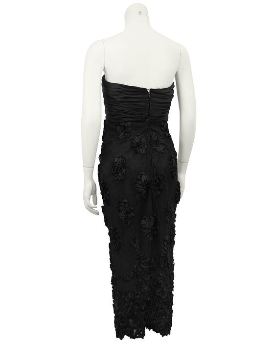 Black Strapless Cocktail Dress with Lace and Floral Applique Skirt