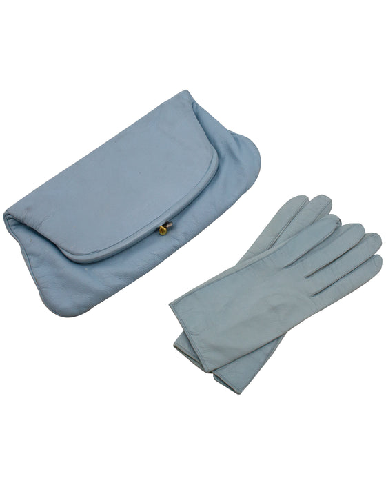Blue Leather Clutch with Matching Kid Gloves