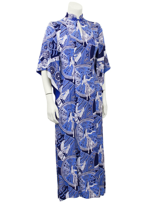 Blue Hawaiian Print Rayon Hostess Gown