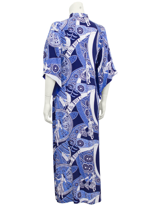 Blue Hawaiian Print Rayon Hostess Gown