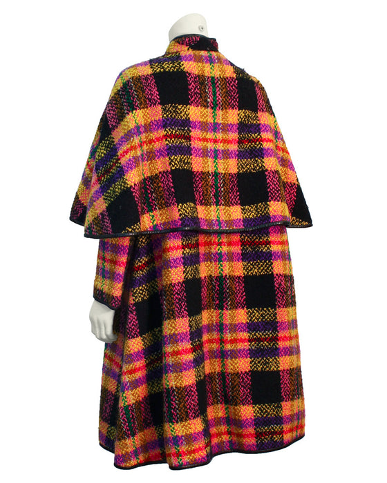 Mutli-colored plaid wool cape with leather trim