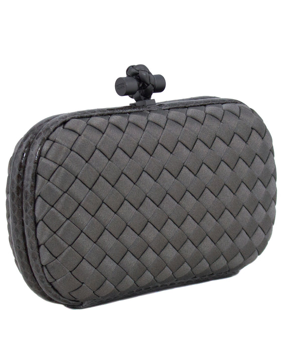 Gun Metal Intrecciato Satin and Snakeskin Knot Clutch