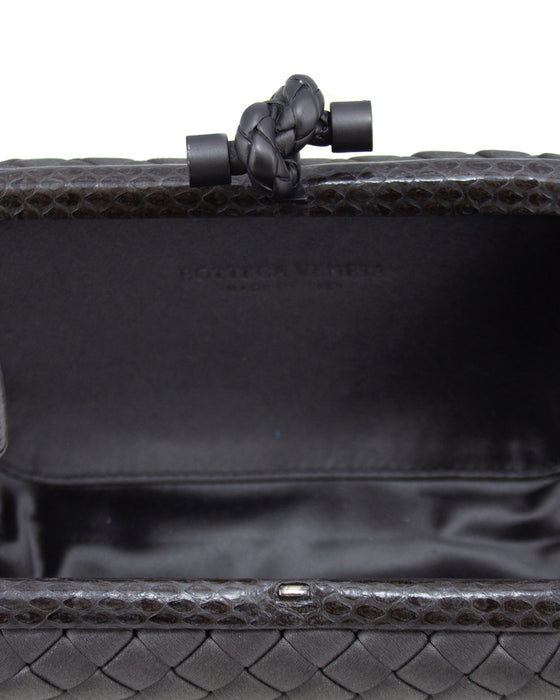 Gun Metal Intrecciato Satin and Snakeskin Knot Clutch