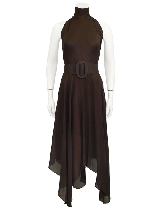 Brown Chiffon Halter Gown and Scarf