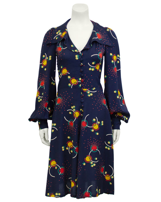 Navy Blue Printed Rayon Dress