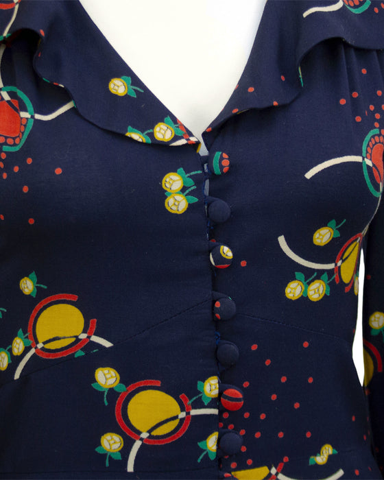 Navy Blue Printed Rayon Dress