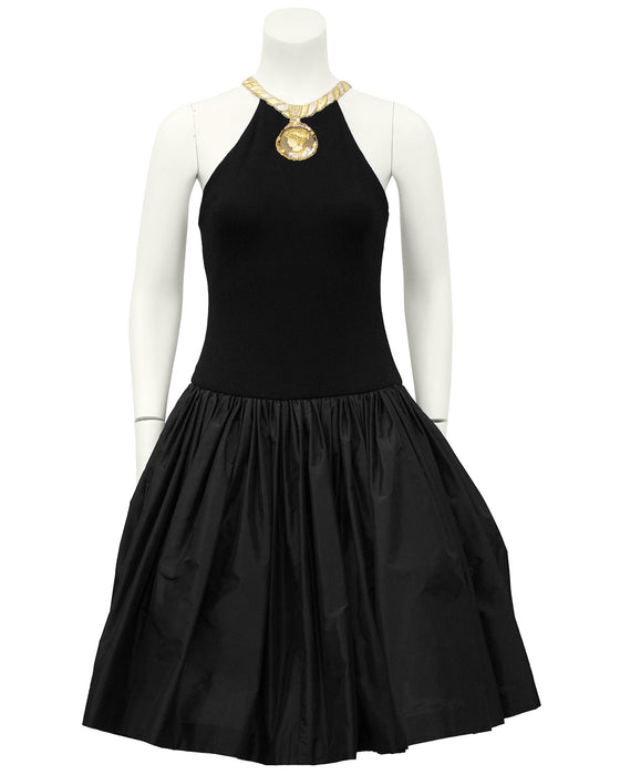 Black Cocktail Dress with Gold Roman Details