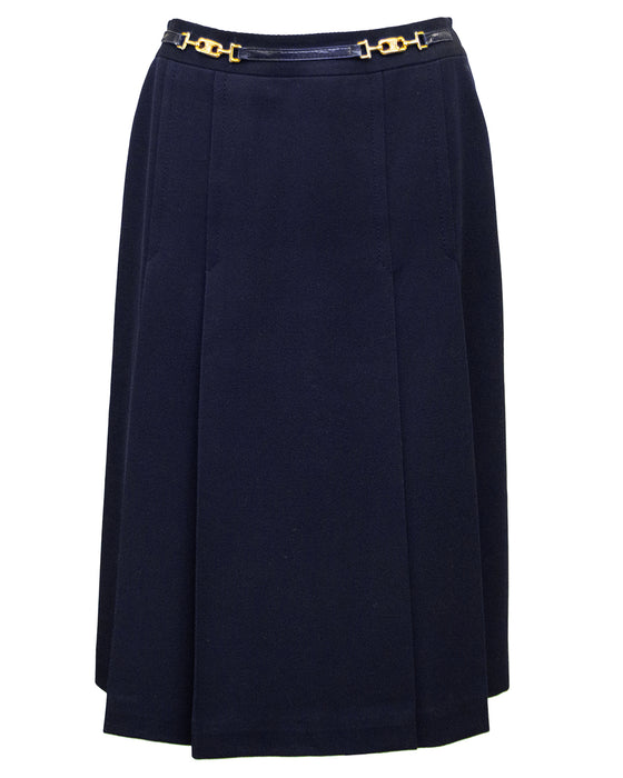 Navy Wool Gabardine Pleated Skirt