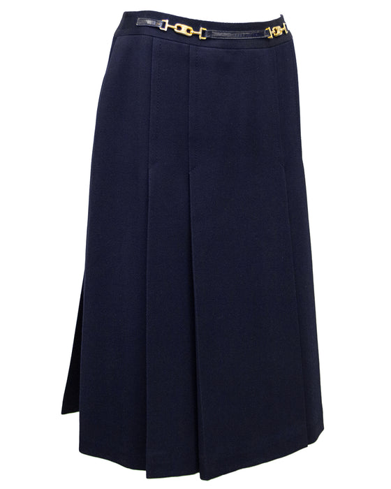 Navy Wool Gabardine Pleated Skirt