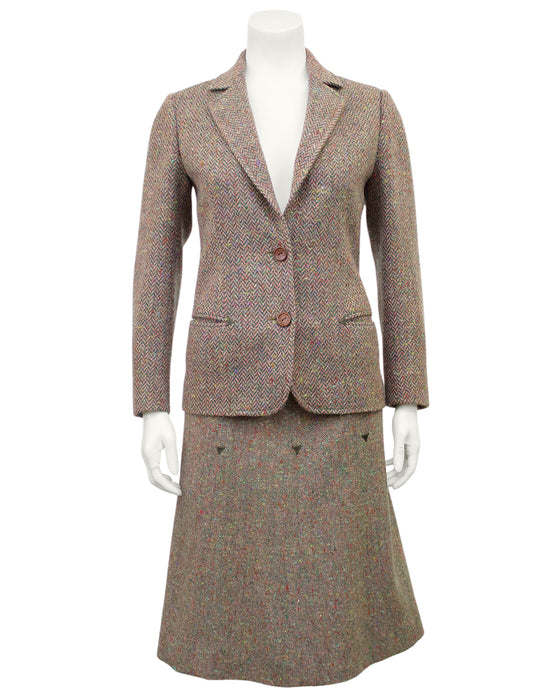 Brown Herringbone Wool Skirt Suit