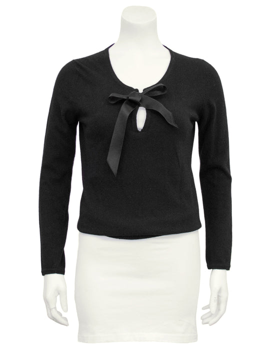 Black Scottish Cashmere Sweater with Thread Through Satin Bow